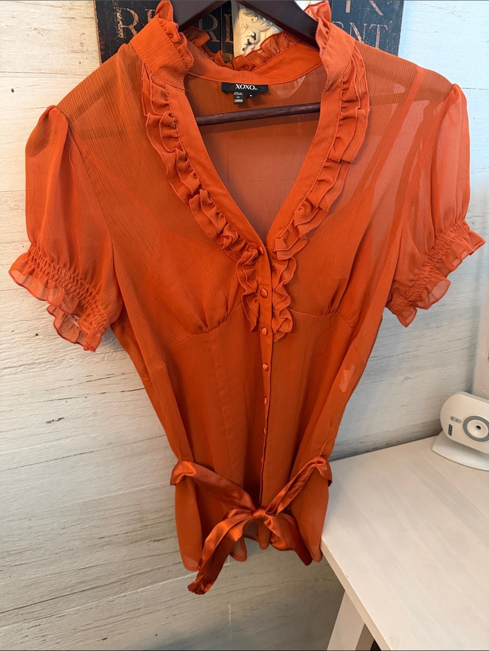 XOXO Bright Orange Ruffle Tie Around Blouse Sheer w/ Layered Cami